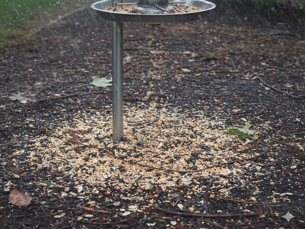 A messy area under a bird feeder with spilled seed and hulls